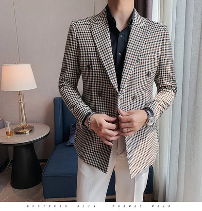 British Style Slim Fit Houndstooth Blazer For Men 2023 Fashion Double Breasted Business Office Wedding Dress Suit Jacket
