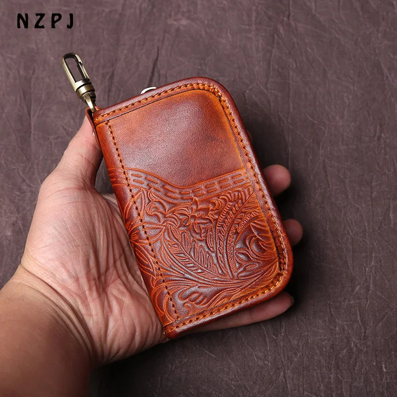 Men's Leather Key Bag, The First LayerOf Cowhide, Ladies' Purse, Multi-functional Vintage Vegetable Tanned Leather ID Bag.