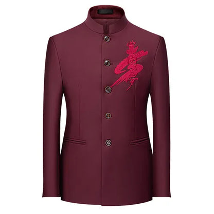 2026 New Men's Black Blazers Coat, Masculino Single Breasted Stand Up Collar Men Long-Sleeved Terno Jacket, Blue Red Overcoat