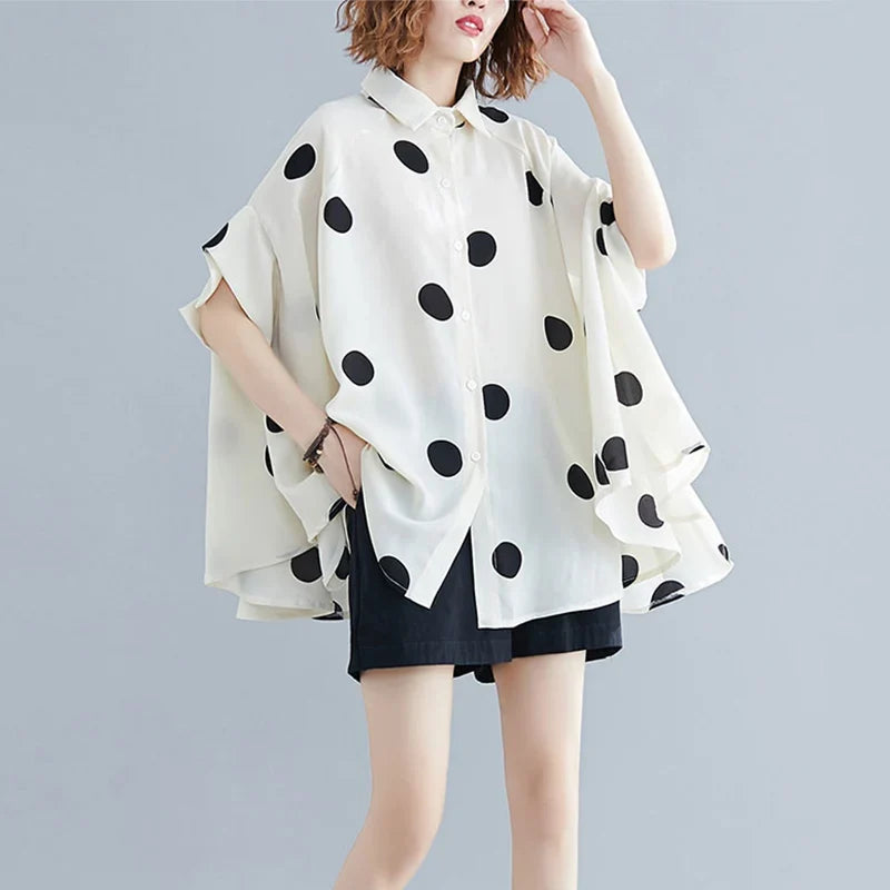 Black Vintage Polka Dot Print Blouse Women New Chiffon Lapel Short Sleeve Loose Casual Shirt Tops Fashion Summer Clothes 2026