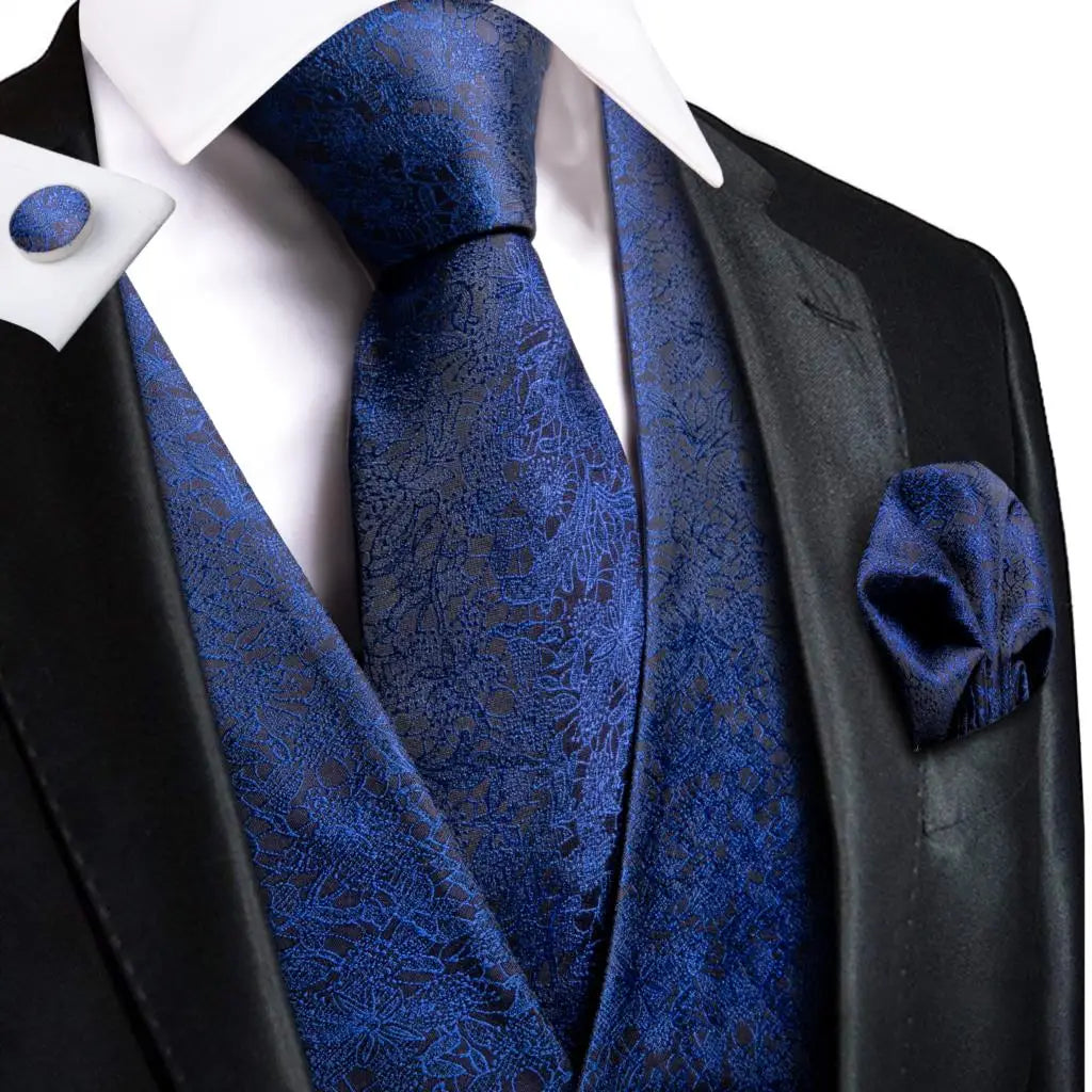 Silk Men's Vests and Tie Business Formal Dresses Slim Vest 4PC Necktie Hanky cufflinks for Suit Blue Paisley Floral Waistcoat
