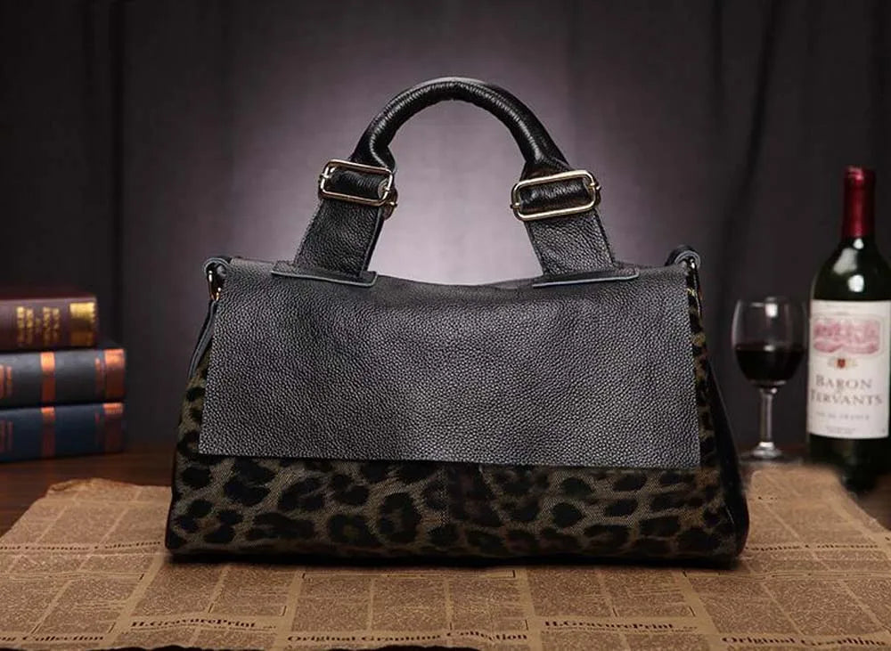 Genuine Leather Tote Handbags for Women, Leopard Shaped Cow Skin Office Bag with Long Strap, Luxury Crossbody Shoulder Bags