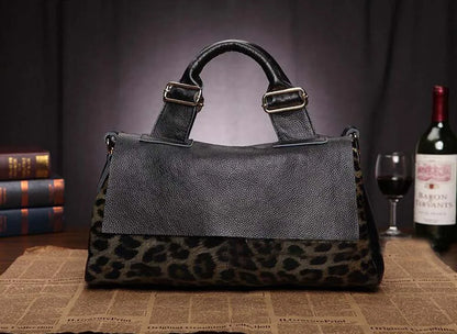 Genuine Leather Tote Handbags for Women, Leopard Shaped Cow Skin Office Bag with Long Strap, Luxury Crossbody Shoulder Bags