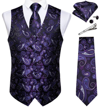 Classic Black Wedding Vest for Men Suit Vest Tie Ring Cufflinks Hanky Set for Party Formal Dress Business Casual Waistcoat