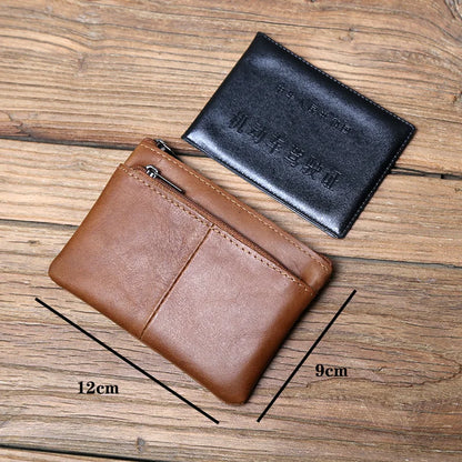 Men's Leather Zipper Coin Wallet First Layer Cowhide Mini Short Wallet Handbag Change Wallet