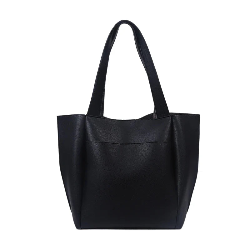 High Quality Soft Leather Woman Casual Tote Shopper Solid Color Handbags Large Capacity Single Shoulder Bag with Outer Pocket