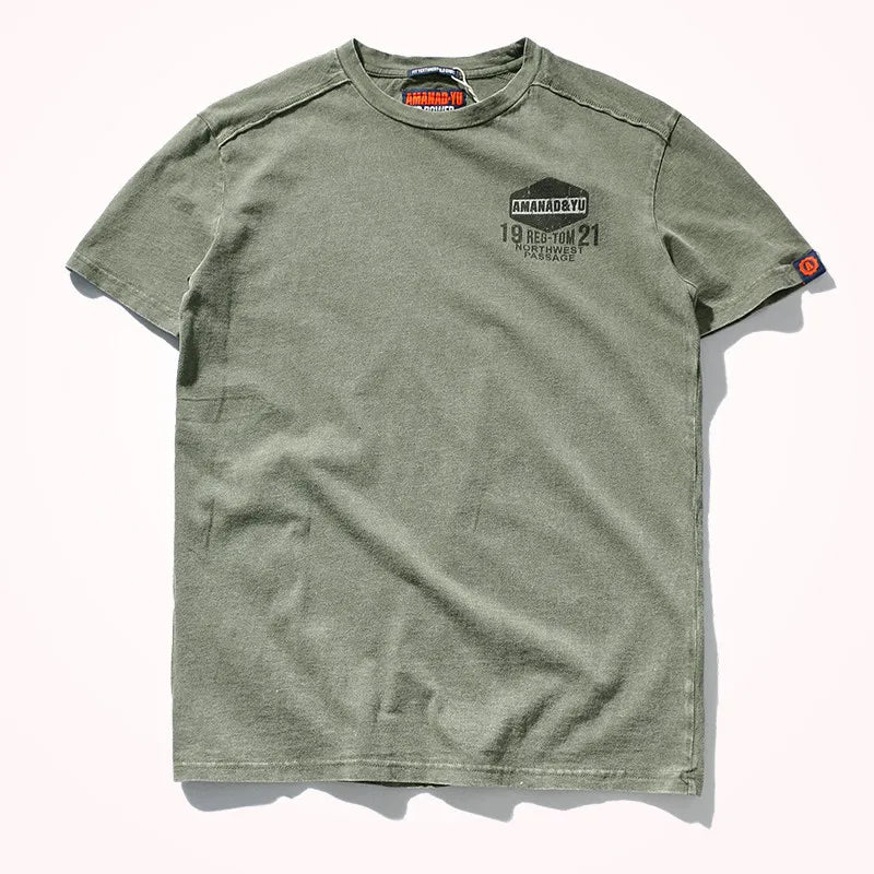 2023 Summer New American Street Short-sleeved O-neck Printed T-shirt Men's Fashion Pure Cotton Casual Washed Old Bottoming Tops