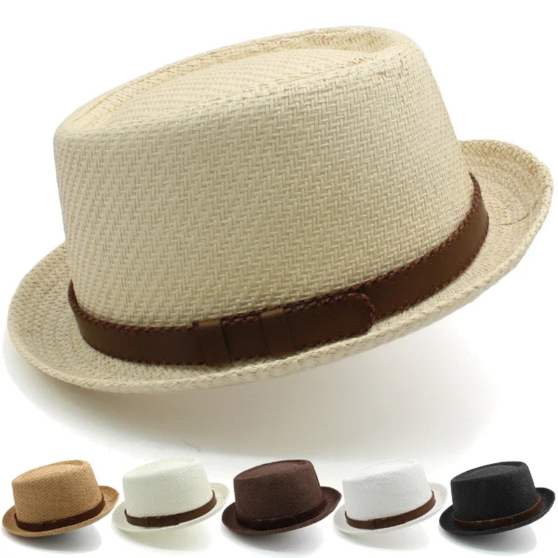 Men Women Classical Straw Pork Pie Hats Fedora Sunhats Trilby Caps Summer Boater Beach Outdoor Travel Party Size US 7 1/4 UK L