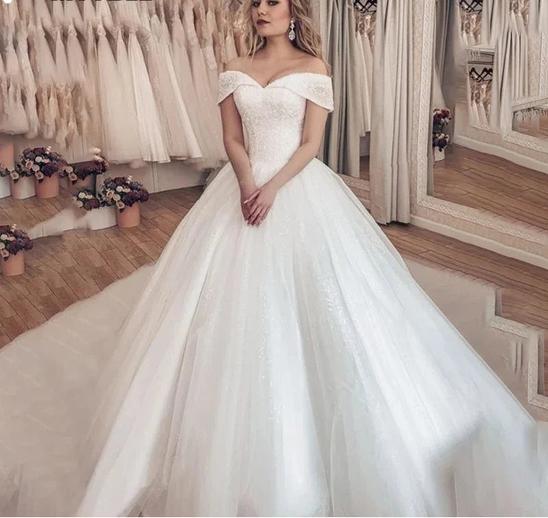 Shiny Princess Sweetheart Wedding Dresses Off Shoulder Ivory Sequins Bridal Gowns Elegant Lace Up Back Robe De Mariee