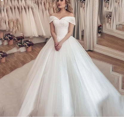 Shiny Princess Sweetheart Wedding Dresses Off Shoulder Ivory Sequins Bridal Gowns Elegant Lace Up Back Robe De Mariee