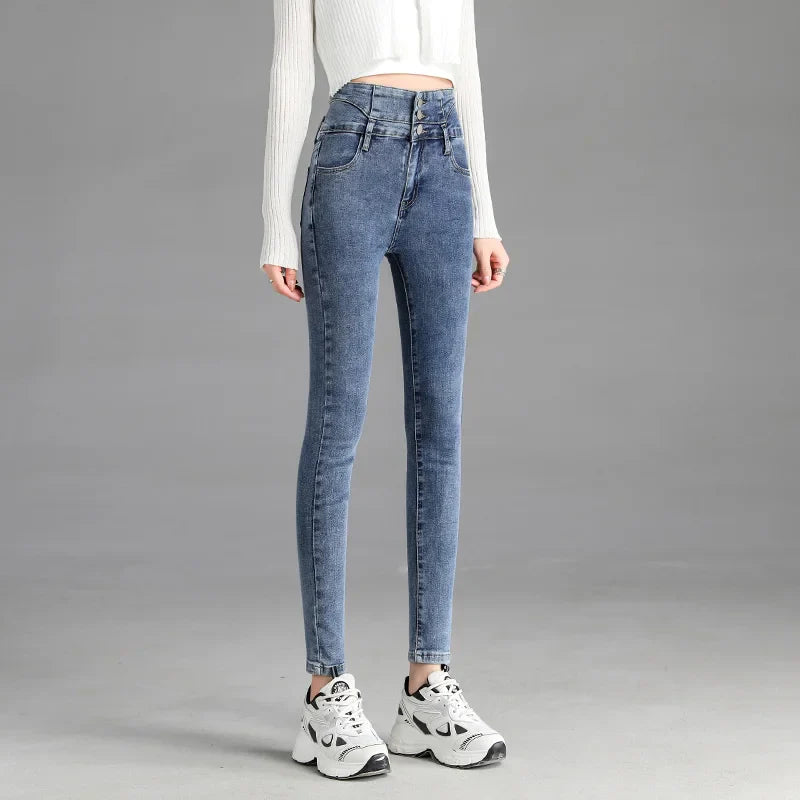 High-quality New Vintage High-waist Stretch Skinny Jeans, Women's Fashion Stretch Button Pencil Pants, Mom Casual Jeans Pants