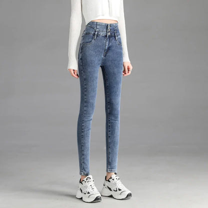 High-quality New Vintage High-waist Stretch Skinny Jeans, Women's Fashion Stretch Button Pencil Pants, Mom Casual Jeans Pants