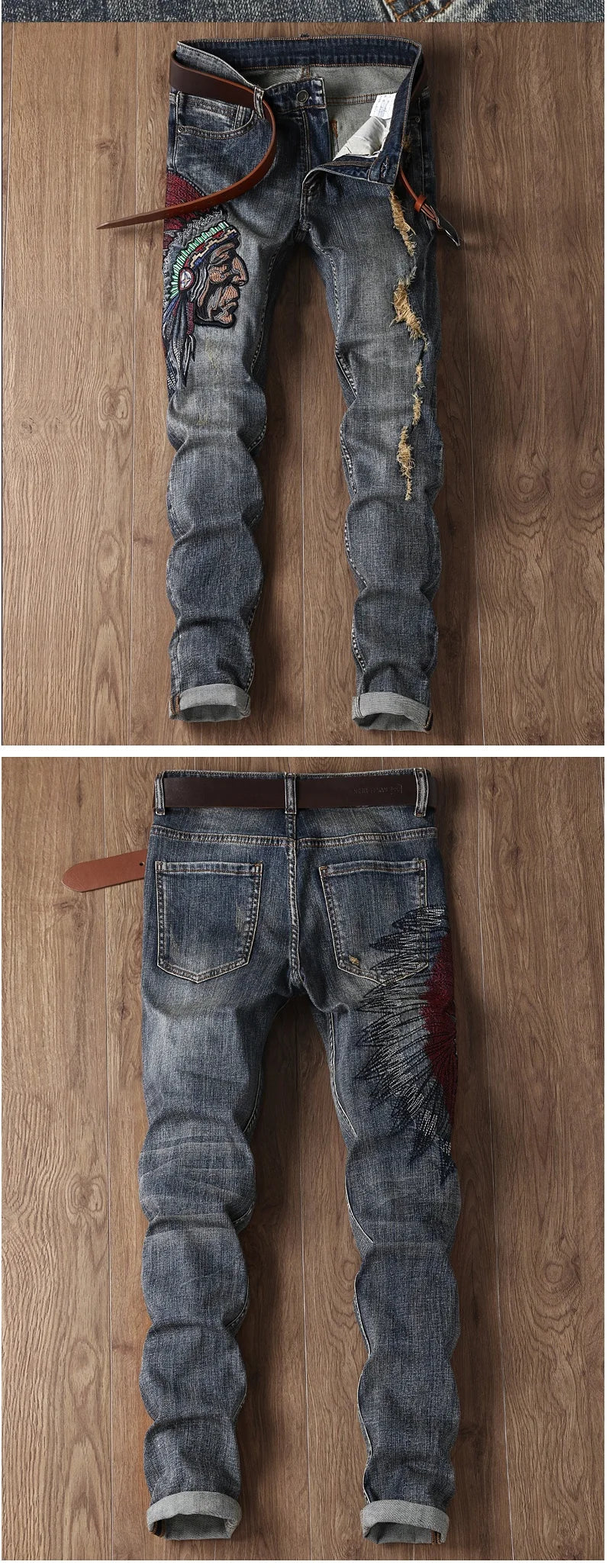 Indian Avatar Embroidered Jeans Men Scratch Long Cracks High Street Pants Soft Red Ears Blue Grey Slim 2020 Western Style