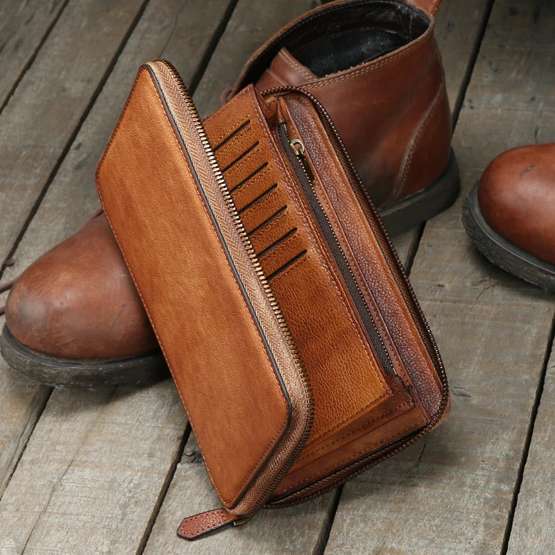 Vintage Genuine leather wallet Men leather long wallet men purse clutch bag male money clips zip around money bag card holder