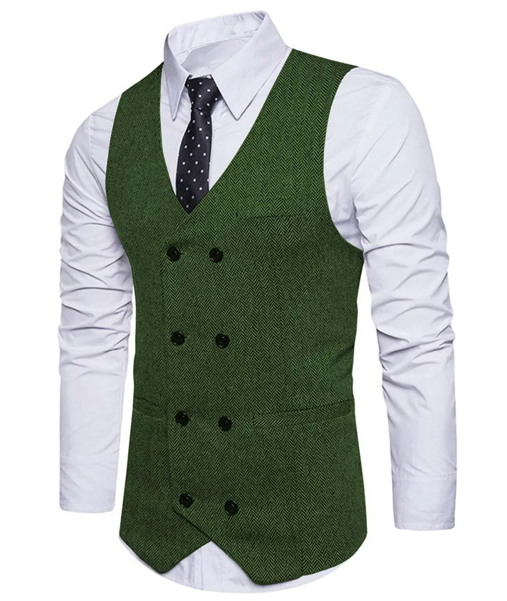 2022 New Men's Royal Blue Double-breasted Vest Suit Vest Casual Top Quality Herringbone Pattern Waistcoat For Wedding