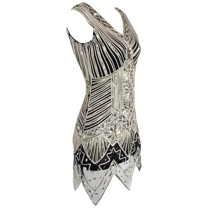 1920s Women's Sequin Triangle Hem Dress Sleeveless Gold Thread Embroidery Tassel Gatsby Party Dress