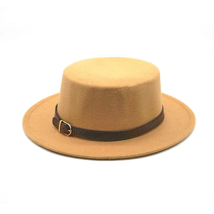 New Retro Winter Autumn women men Top hat Imitation Woolen Felt Fedora Hats Belt buckle Decorated ladies Boater Hat flat brim