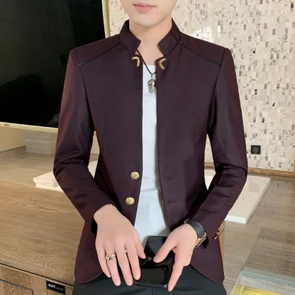 2026 New Men's Black Blazers Coat, Masculino Single Breasted Stand Up Collar Men Long-Sleeved Terno Jacket, Blue Red Overcoat
