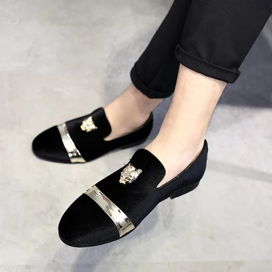 Men dress shoes Wedding Party shoes Loafers Fashion Tiger Gold metal Men Flats