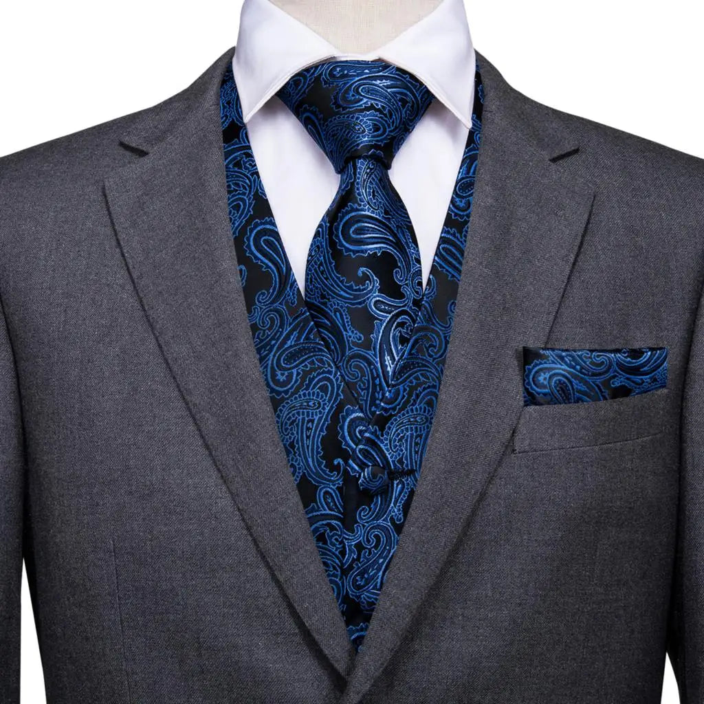 Navy Blue Mens Vest Formal Paisley Waistcoat Jacket Tie Handkerchief Cufflinks Set For Male Dress Suit Wedding Party