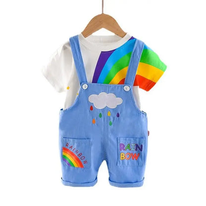 Summer Baby Boys Girls Clothes Infant Cotton Rainbow T Shirt Bib Pants 2pcs/Set Kids Garment Children Casual Sport Suit 0-4 Year