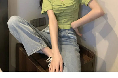 Knitted Fashion Blouse Woman Ruffle Youth Elegant Blouse Summer Crop Top Sexy Slim Fit Shirt Short Sleeve