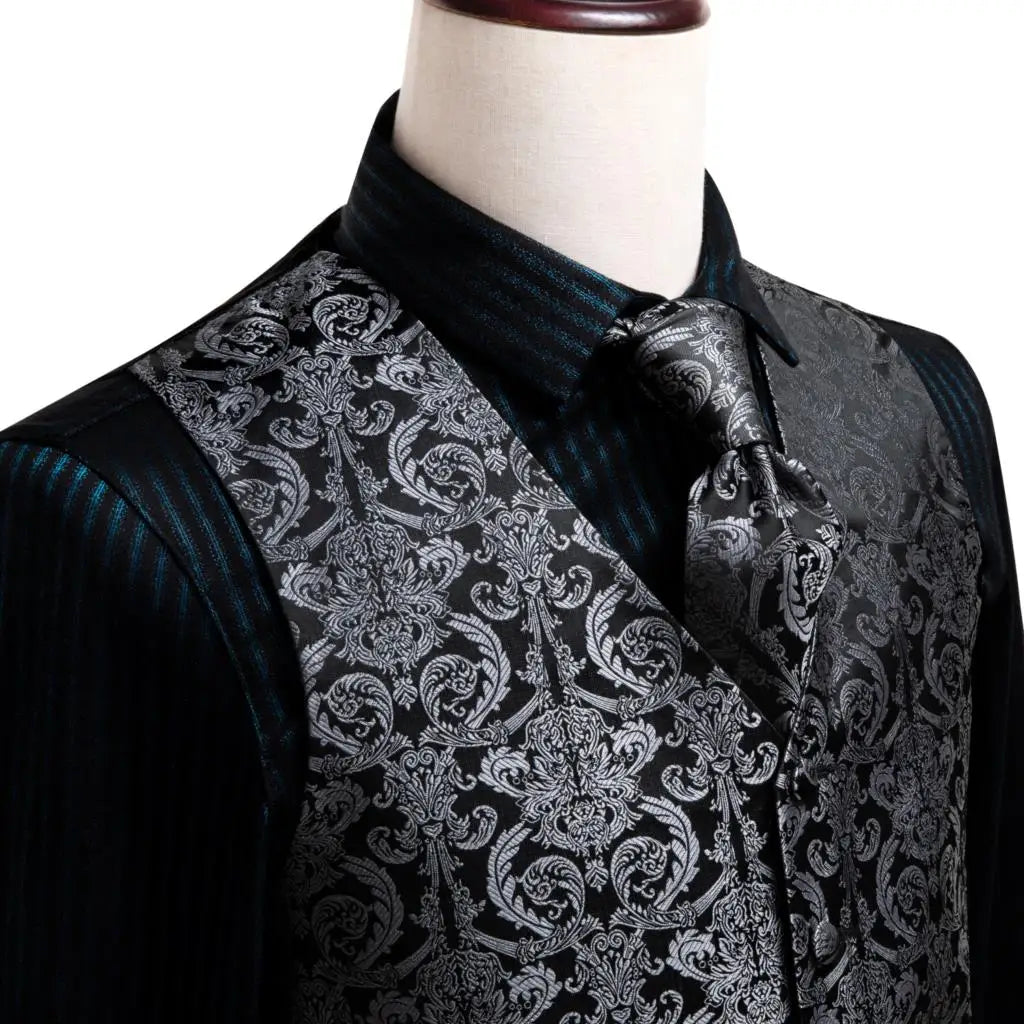 Navy Blue Mens Vest Formal Paisley Waistcoat Jacket Tie Handkerchief Cufflinks Set For Male Dress Suit Wedding Party
