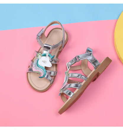 Unicorn girls sandals bright metallic kids girls sandals Adjustable customized fit princess summer shoes