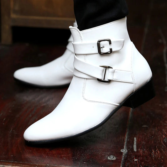 Fashion Men Spring Autumn Pointed Toe Height Increase Chelsea Ankle Boots Western High Top Casual Shoe PU Leather