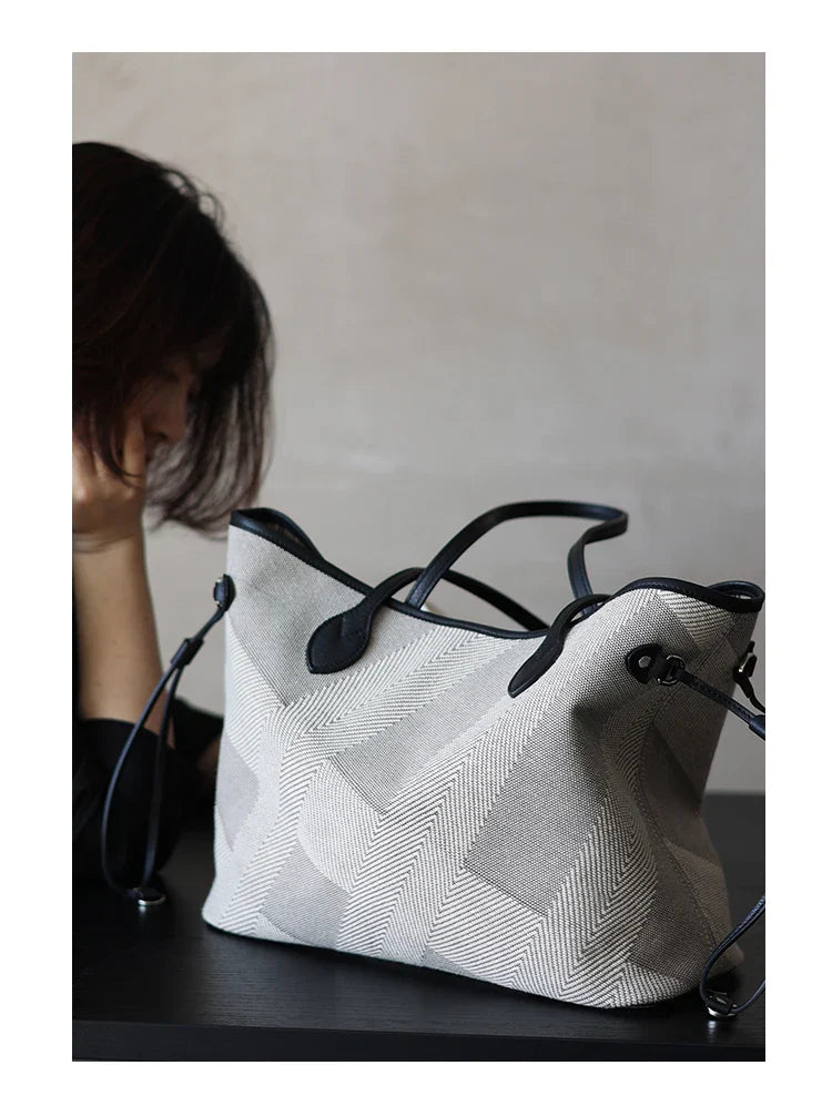 Women's Fashion Shoulder Bag Luxury Designer Handbag Large Capacity Canvas With Genuine Leather Tote For Shopping,Commuting,Work