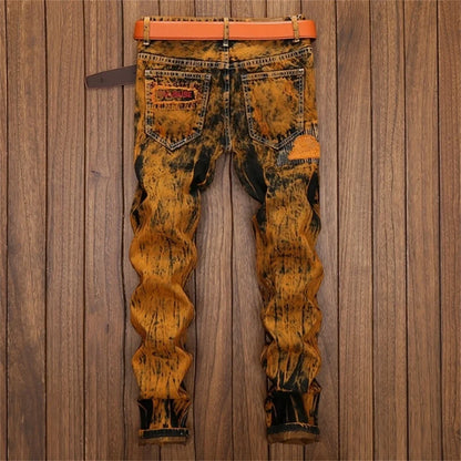 3D Black Patch Brown Jeans Men's High Street Pure Cotton Frayed Hole Fishing Net Decoration Elastic Comfortable Pants New