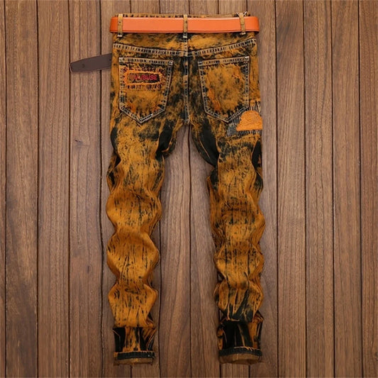 3D Black Patch Brown Jeans Men's High Street Pure Cotton Frayed Hole Fishing Net Decoration Elastic Comfortable Pants New