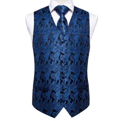 Navy Blue Mens Vest Formal Paisley Waistcoat Jacket Tie Handkerchief Cufflinks Set For Male Dress Suit Wedding Party