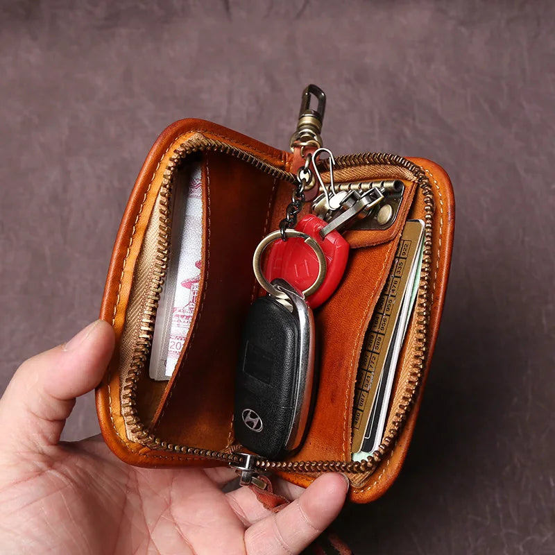 Men's Leather Key Bag, The First LayerOf Cowhide, Ladies' Purse, Multi-functional Vintage Vegetable Tanned Leather ID Bag.