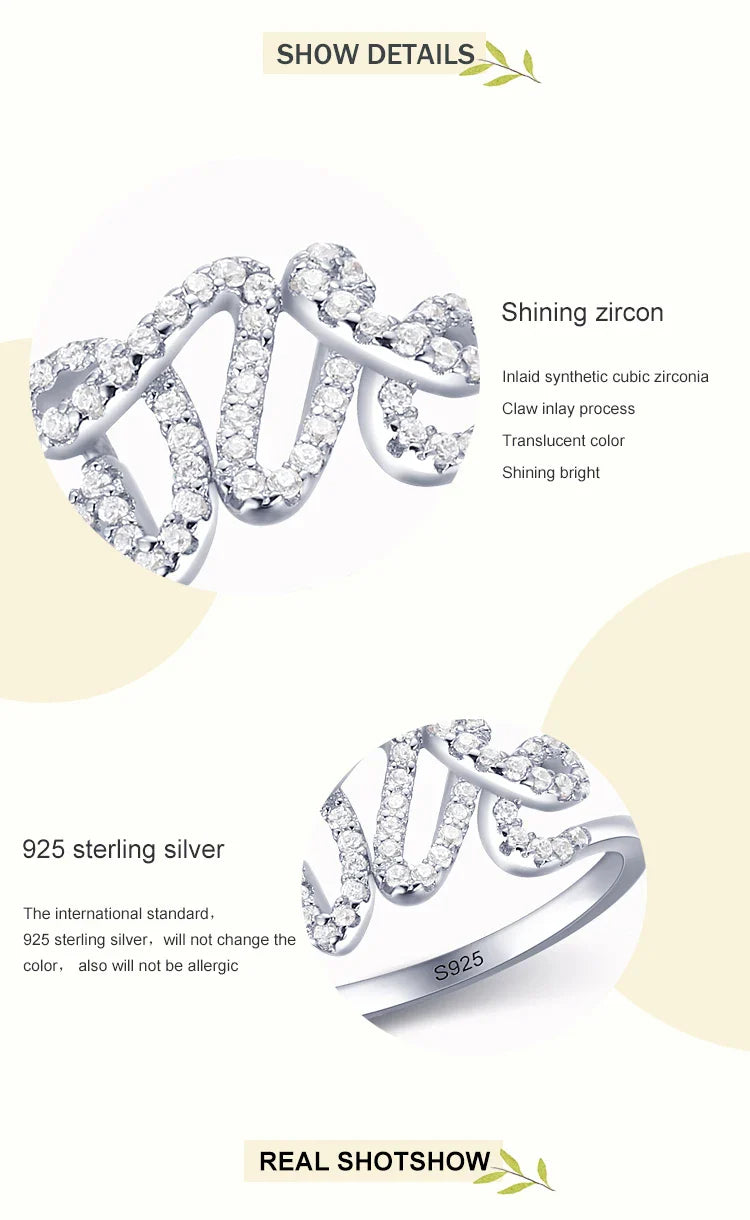 Fashion 925 Sterling Silver Clear Zircon Romantic LOVE Finger Ring For Women Wedding Statement Fine Silver Jewelry