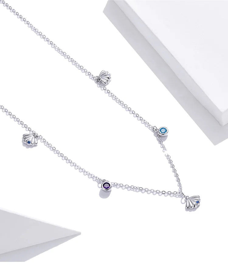 Authentic Silver Seashell Necklace 925 Sterling Silver Blue CZ Love Necklace Gift for Girl Statement Fine jewelry SCN454