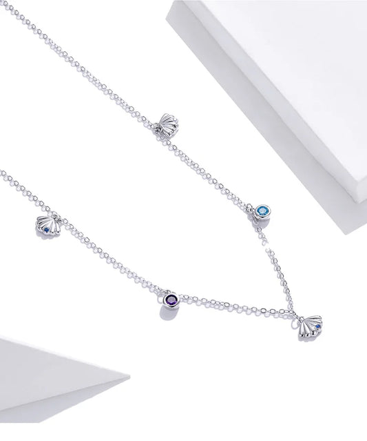 Authentic Silver Seashell Necklace 925 Sterling Silver Blue CZ Love Necklace Gift for Girl Statement Fine jewelry SCN454
