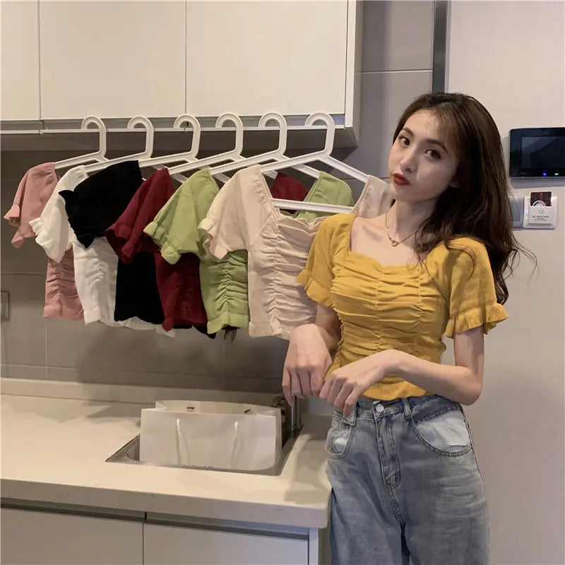 Knitted Fashion Blouse Woman Ruffle Youth Elegant Blouse Summer Crop Top Sexy Slim Fit Shirt Short Sleeve