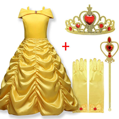 Belle Princess Dress Girls Dresses for Beauty and the Beast Kids Party Clothing Magic Stick Crown Children Costume