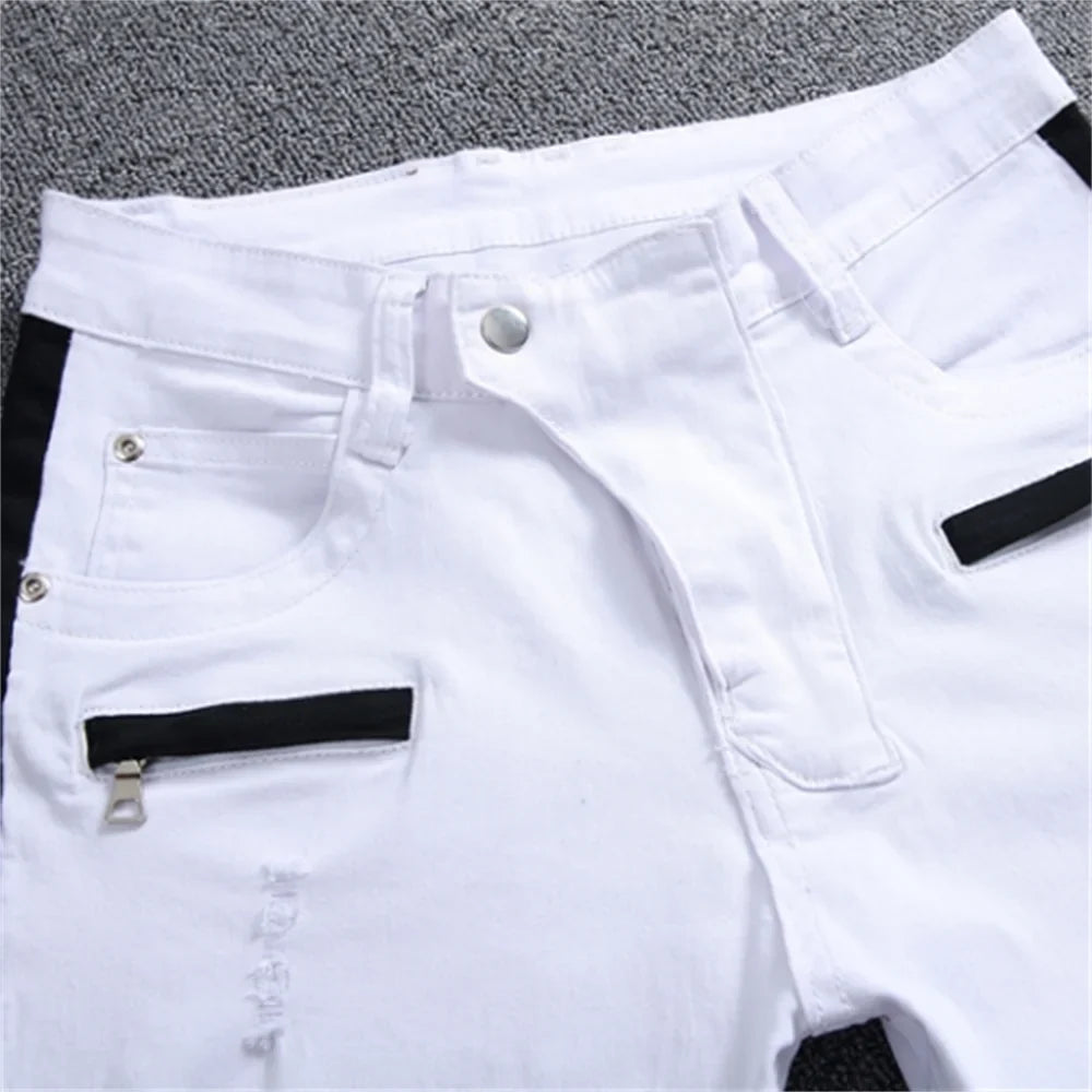New Jeans Men Black and White Folding Oversize European and American Zip Pocket 3D Decorative Denim Feet Pants Slim Fit23
