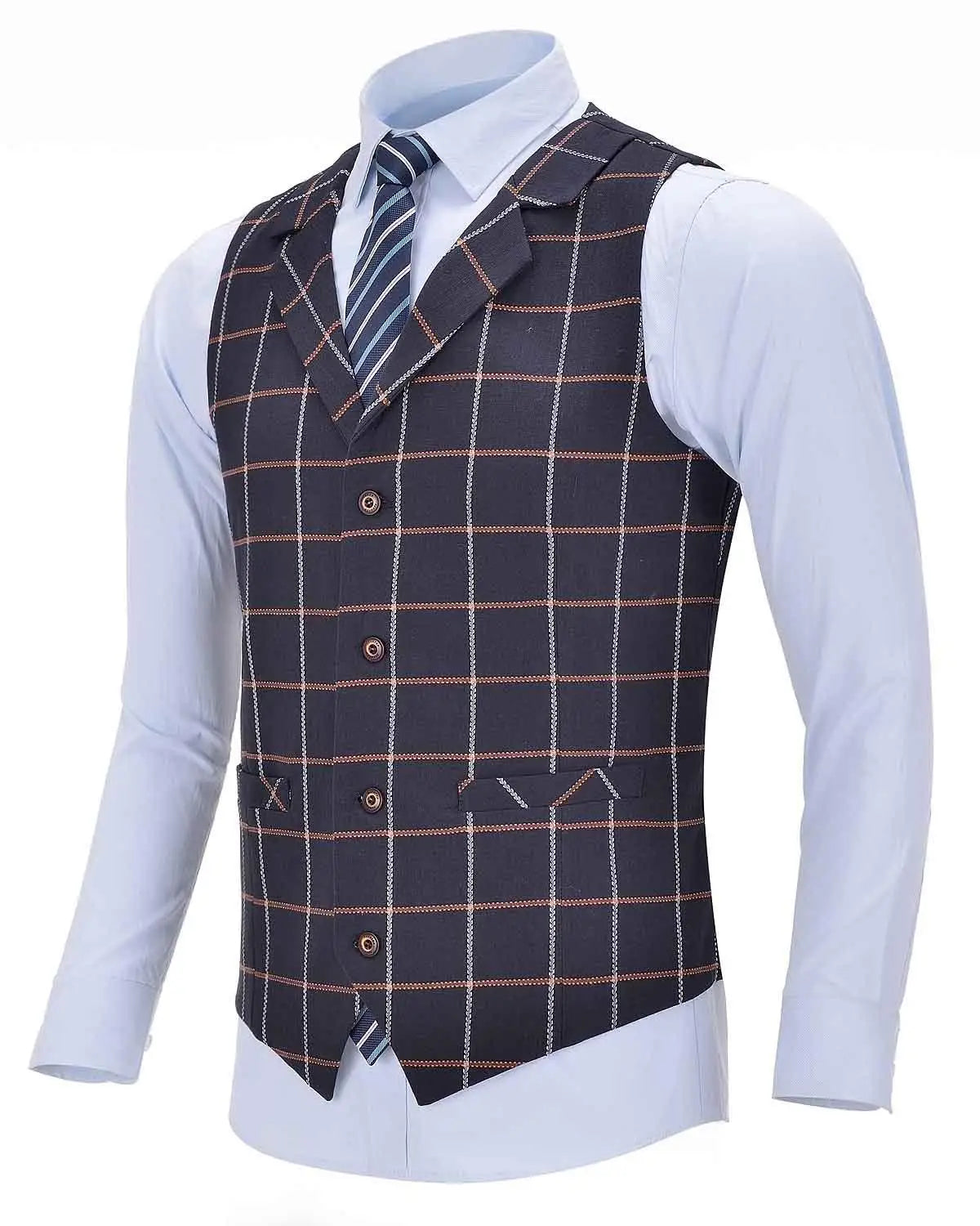 Mens Business Vest Boutique Slim Fit Single-breasted Cotton Suit Wool Plaid Navy Waistcoat For Wedding Formal Vest Groomsmen