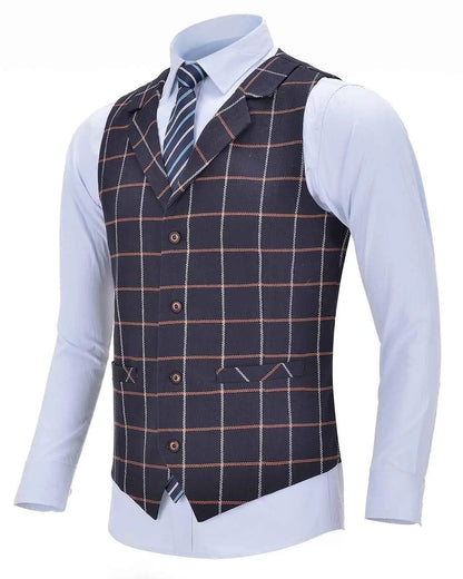 Mens Business Vest Boutique Slim Fit Single-breasted Cotton Suit Wool Plaid Navy Waistcoat For Wedding Formal Vest Groomsmen