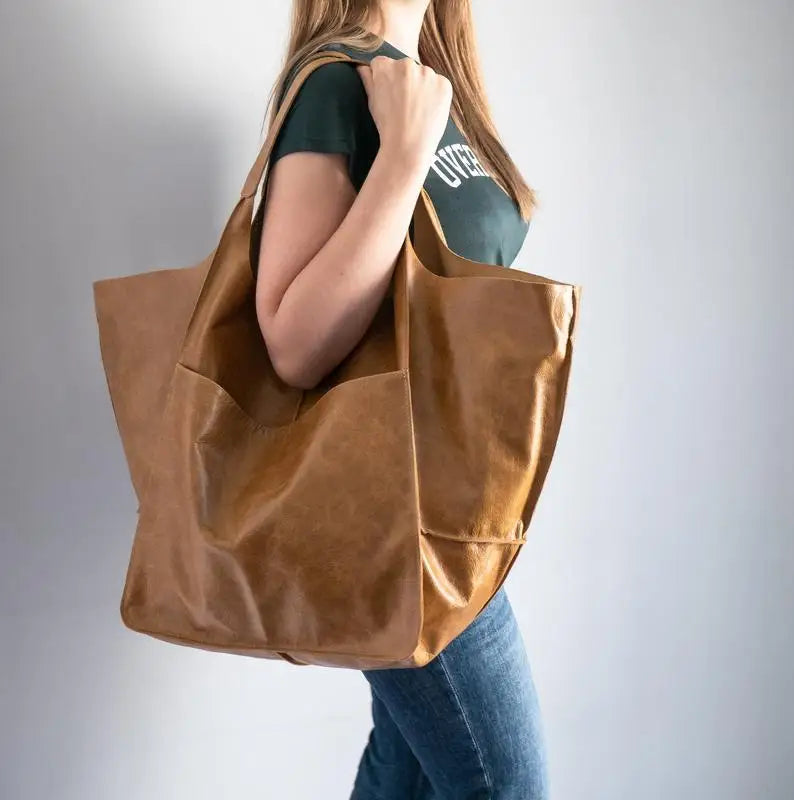 Casual Soft Large Capacity Tote Women Handbags Designer Aged Metal Look Luxury Pu Leather Shoulder Bag Retro Big Shopper Purses