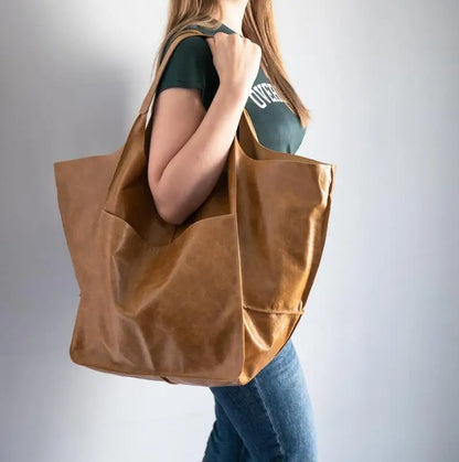 Casual Soft Large Capacity Tote Women Handbags Designer Aged Metal Look Luxury Pu Leather Shoulder Bag Retro Big Shopper Purses