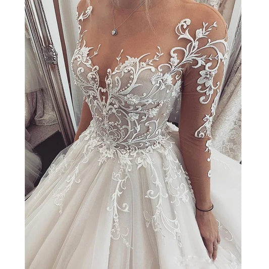 Charming Lace Wedding Dresses 2020 Sheer Long Sleeves Custom Made Illusion A-Line Bridal Gowns