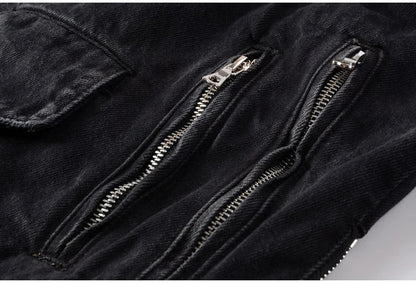 Men's Zippers Black Biker Jean Jacket Streetwear Thick Denim Slim Coat with Belt High Quality