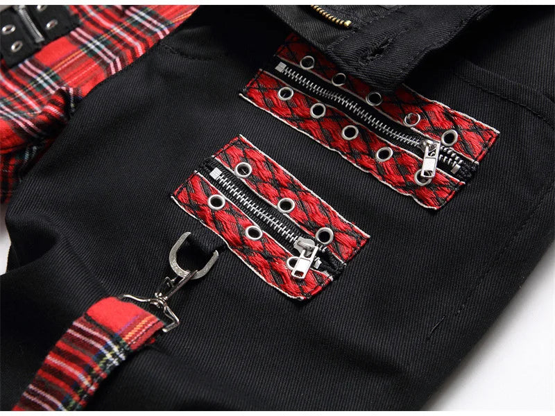 Men Punk Jeans Trendy Scotland Plaid Tartan Black Denim Pants Streetwear Rivet Patchwork Spliced Slim Straight Trousers
