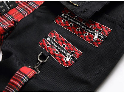 Men Punk Jeans Trendy Scotland Plaid Tartan Black Denim Pants Streetwear Rivet Patchwork Spliced Slim Straight Trousers