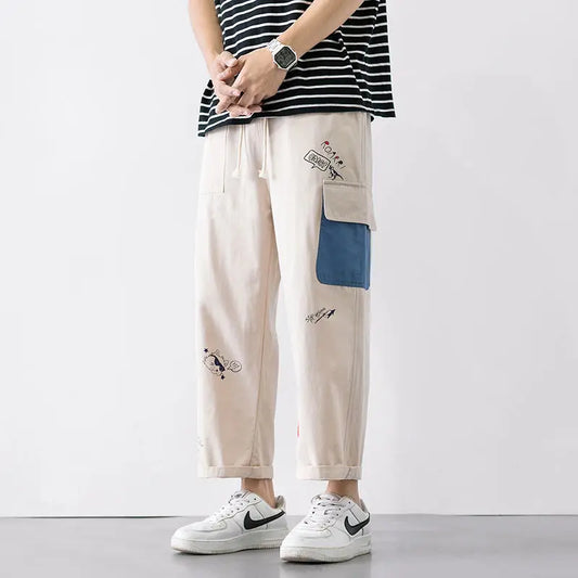 Beige White Harajuku Print Cargo Pants Men Baggy Streetwear Wide leg Oversize Sweatpants Male Y2k Sport Straight Trousers Cotton