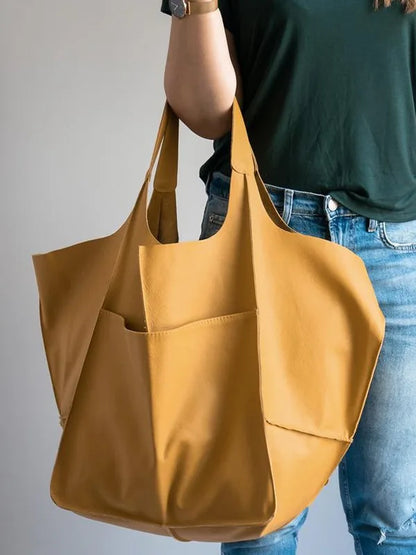 Casual Soft Large Capacity Tote Women Handbags Designer Aged Metal Look Luxury Pu Leather Shoulder Bag Retro Big Shopper Purses